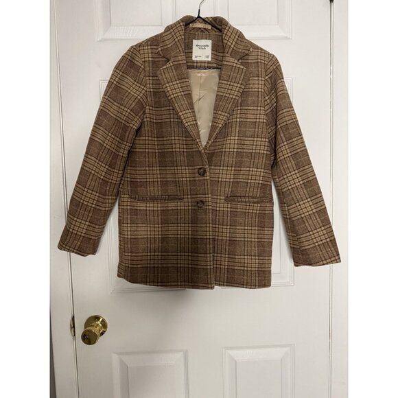 Abercrombie & Fitch Women's XXSP Brown Plaid Dad Coat Jacket Wool-Blend Preppy - Picture 3 of 11